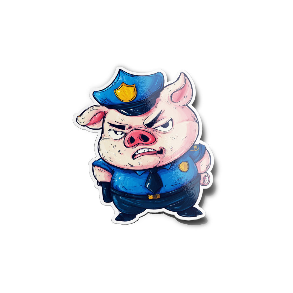 Sticker cochon policier en colère – Autocollant humour satirique en vinyle résistant eau & UV – Style cartoon engagé