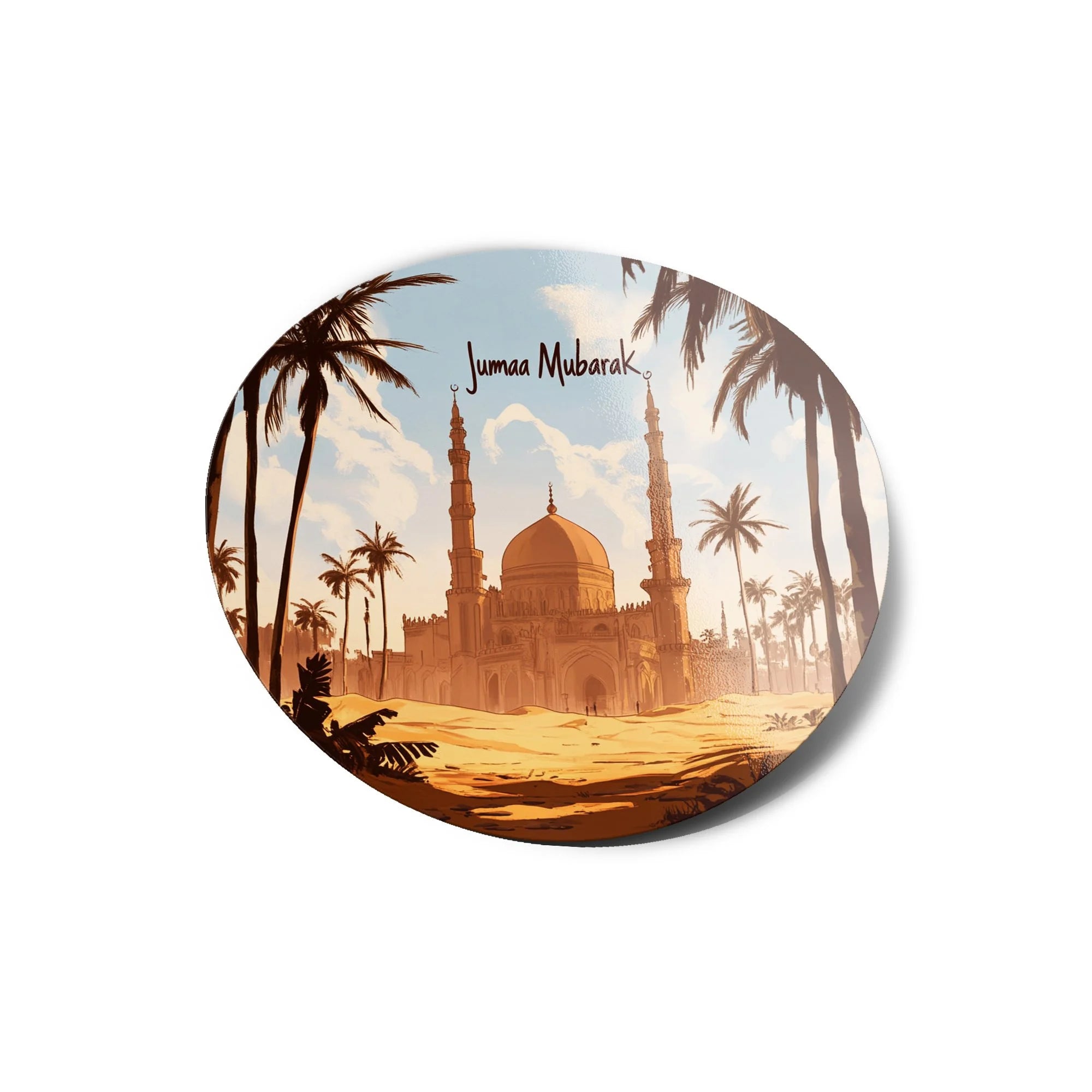 Sticker Vinyle Islamique "Jumaa Mubarak" – Mosquée et Palmiers dans le Désert | Autocollant Résistant à l’Eau et UV