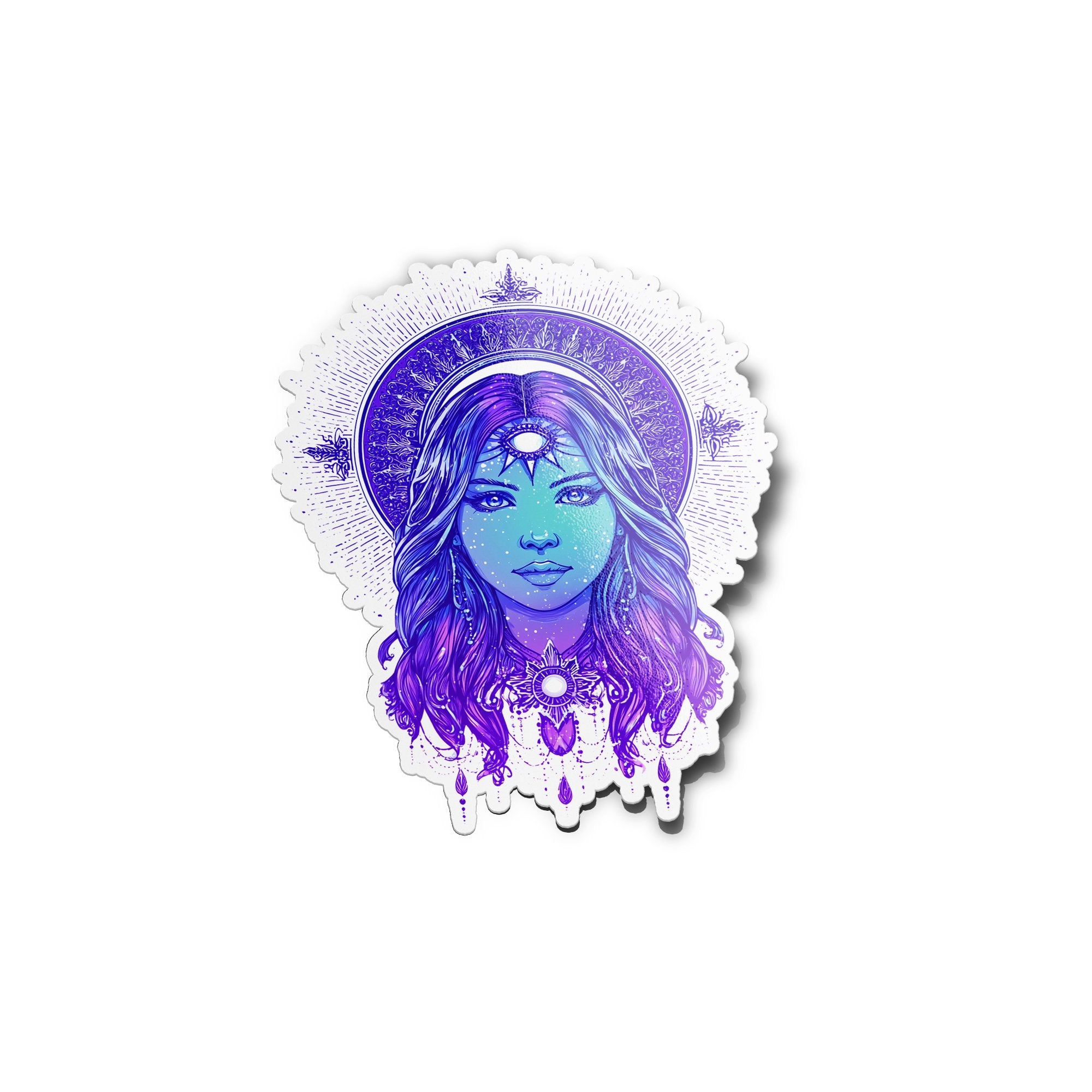 Sticker Déesse Cosmique – Illustration Spirituelle Psychédélique en Vinyle Résistant (Eau & UV)