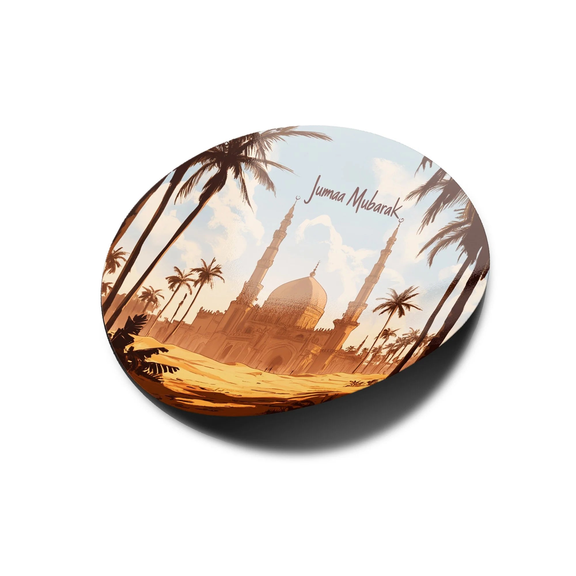 Sticker Vinyle Islamique "Jumaa Mubarak" – Mosquée et Palmiers dans le Désert | Autocollant Résistant à l’Eau et UV