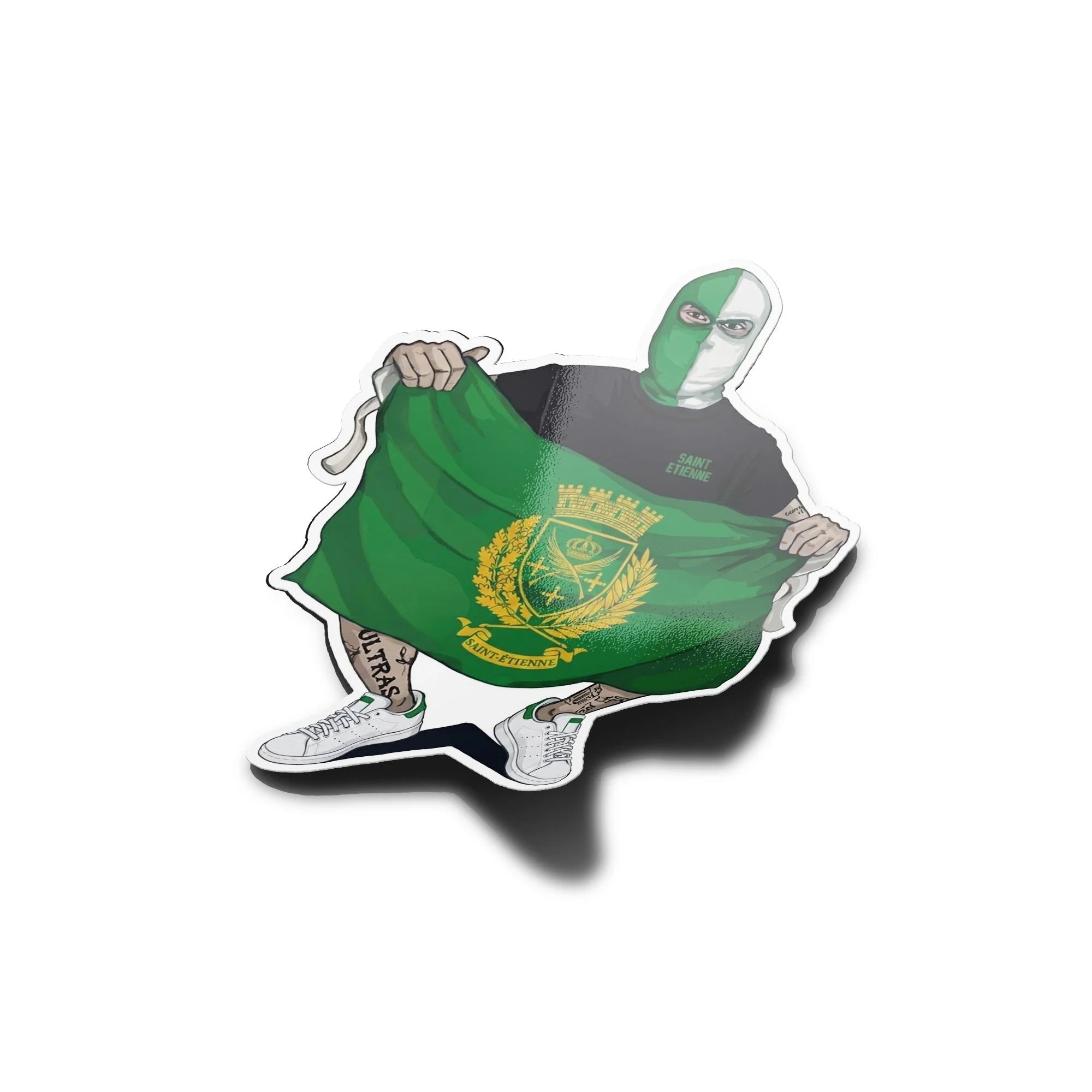 Sticker Vinyle Saint-Étienne – Supporter Ultra Masqué avec Drapeau Vert – Résistant Eau & UV