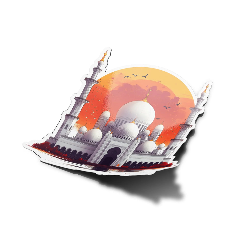 Sticker Vinyle Islamique "Mosquée au Lever du Soleil" – Prière Fajr et Oiseaux | Autocollant Résistant à l’Eau et UV
