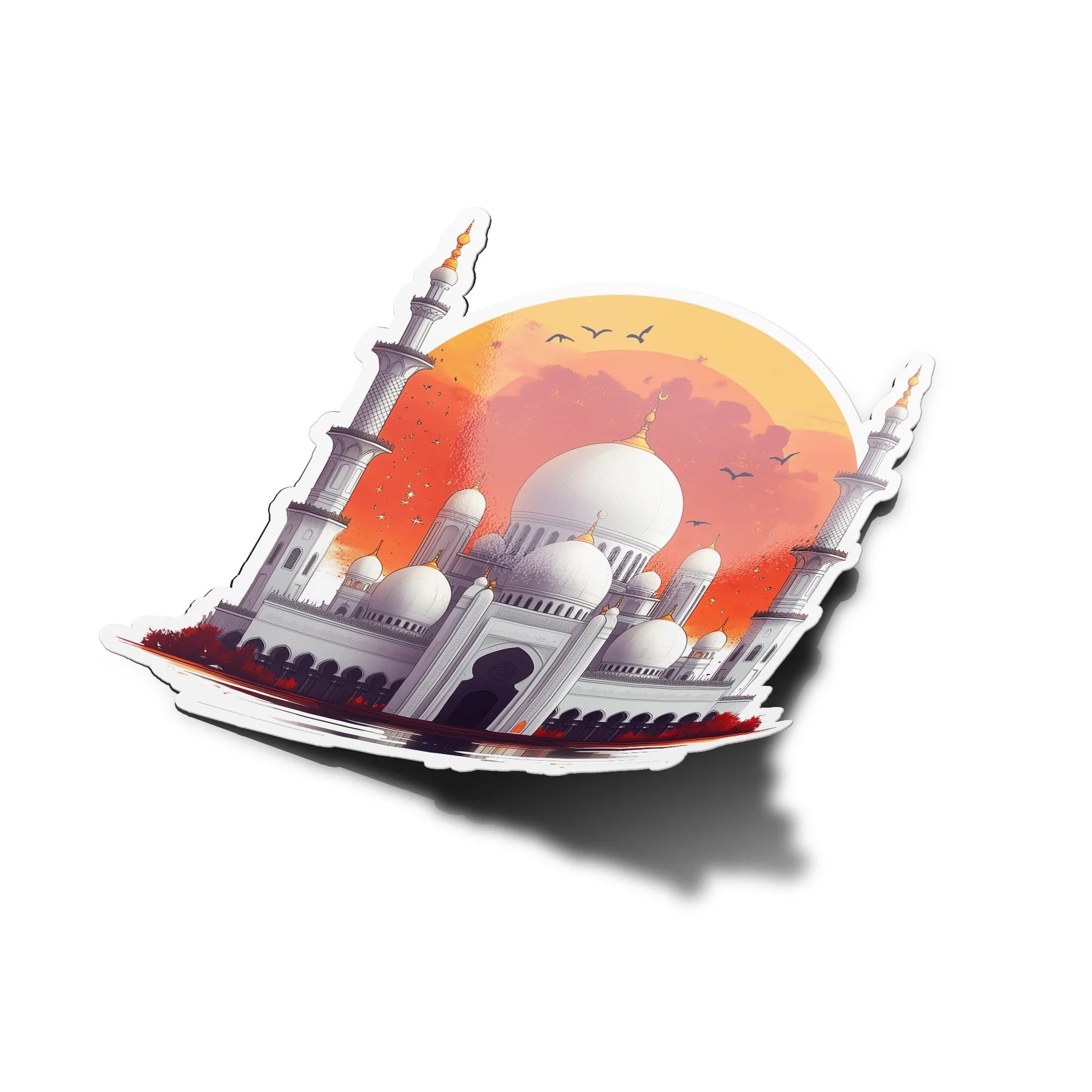 Sticker Vinyle Islamique "Mosquée au Lever du Soleil" – Prière Fajr et Oiseaux | Autocollant Résistant à l’Eau et UV