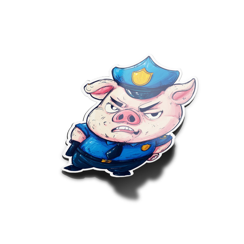 Sticker cochon policier en colère – Autocollant humour satirique en vinyle résistant eau & UV – Style cartoon engagé