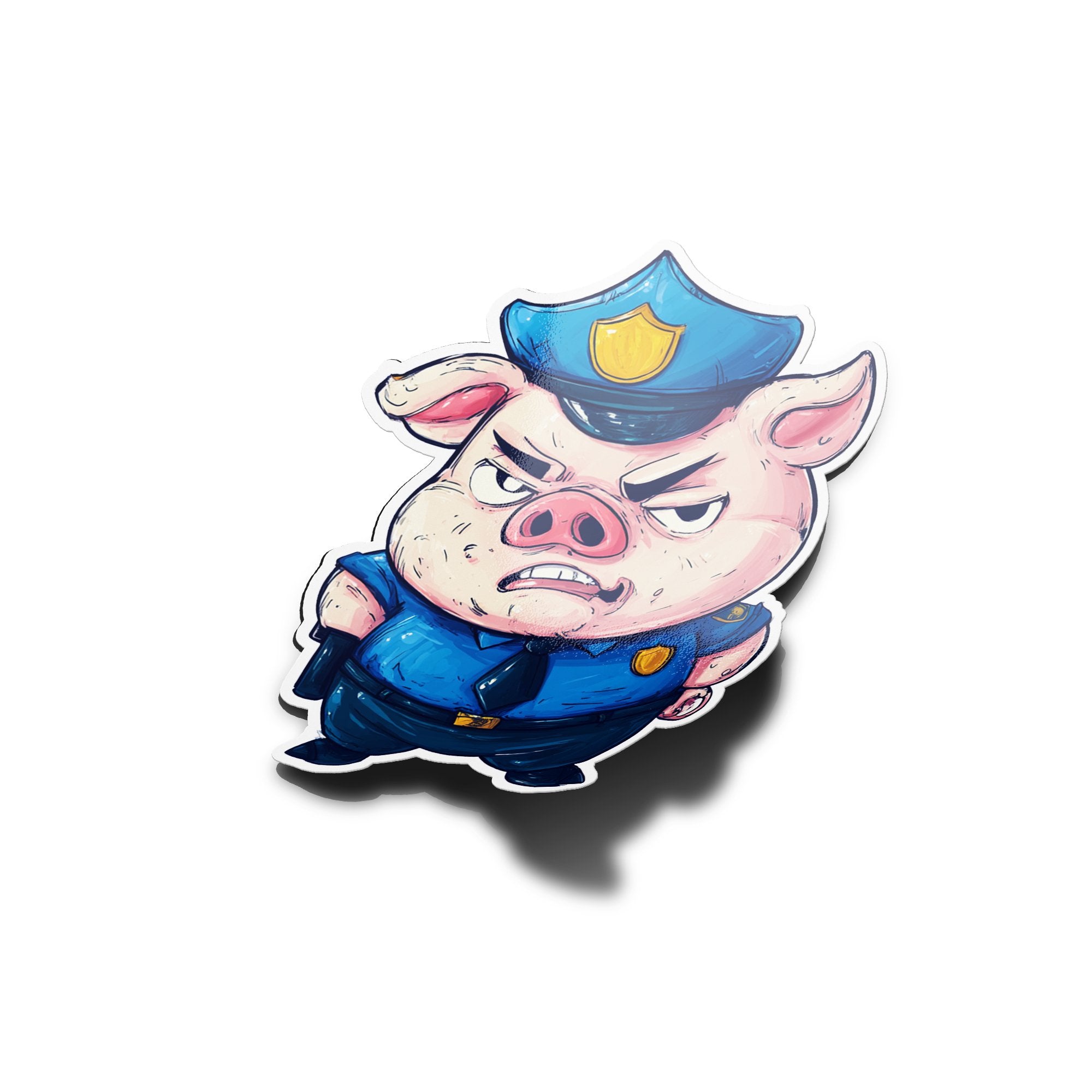 Sticker cochon policier en colère – Autocollant humour satirique en vinyle résistant eau & UV – Style cartoon engagé