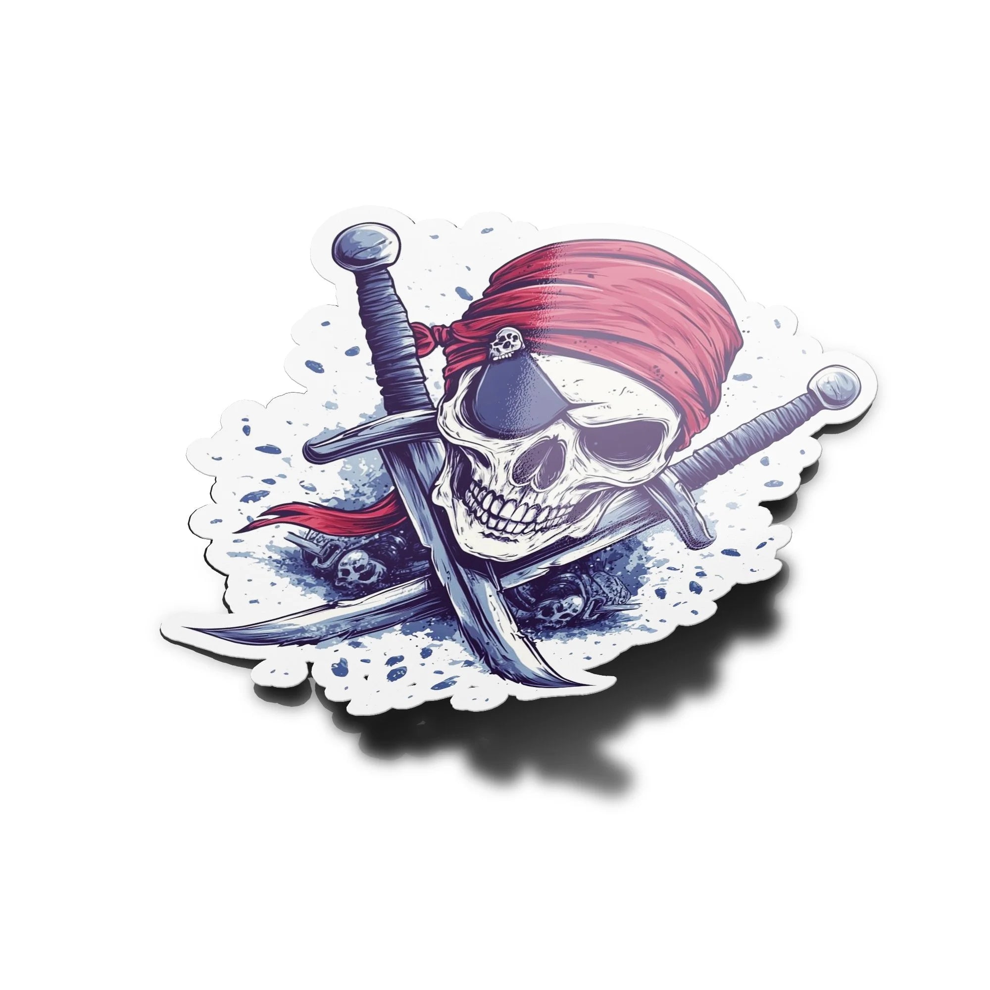 Sticker Pirate Crâne avec Sabres – Autocollant Vinyle Résistant à l’Eau et aux UV – Bandana Rouge