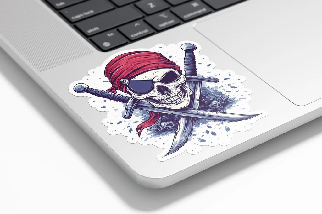 Sticker Pirate Crâne avec Sabres – Autocollant Vinyle Résistant à l’Eau et aux UV – Bandana Rouge