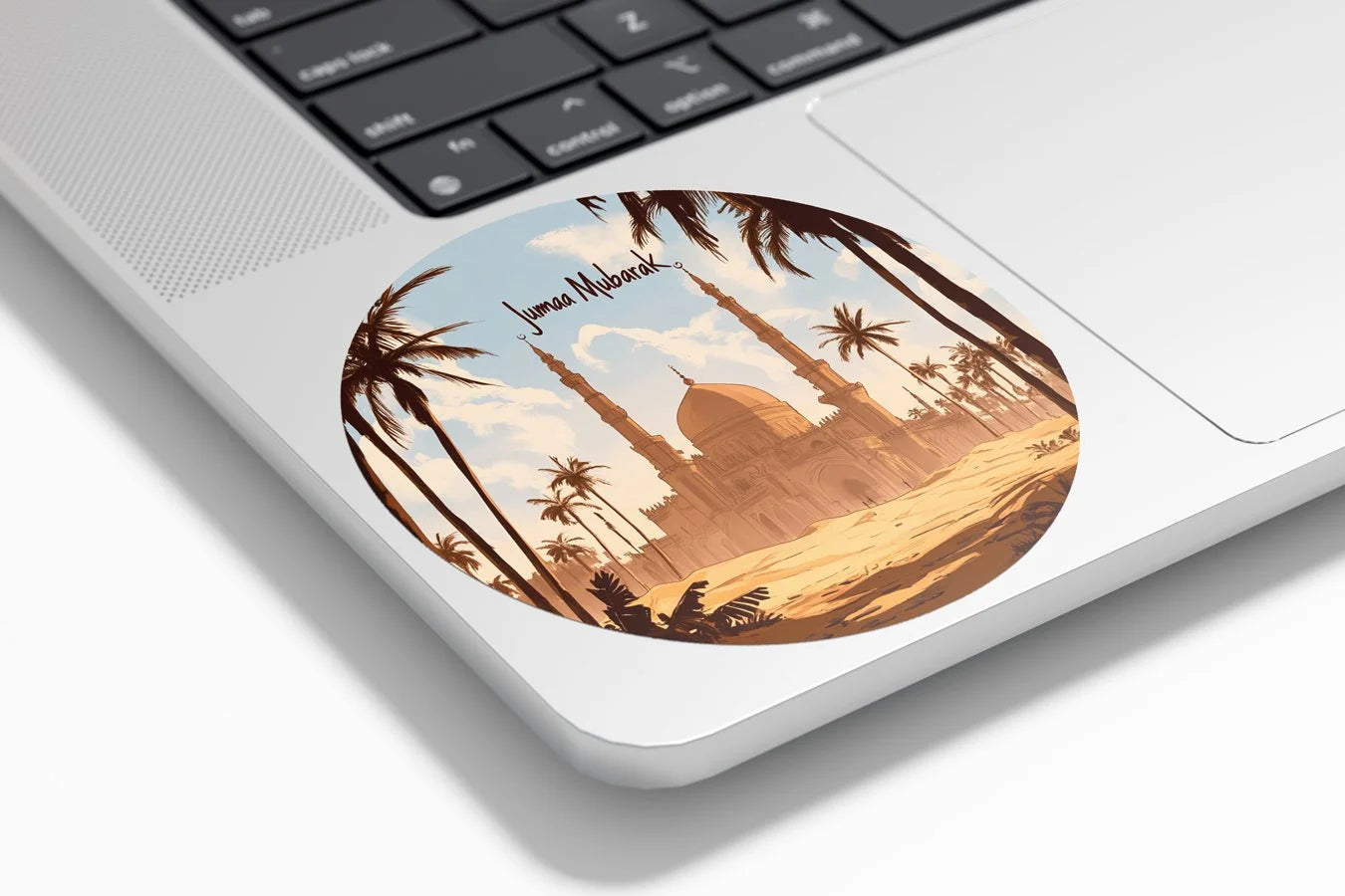 Sticker Vinyle Islamique "Jumaa Mubarak" – Mosquée et Palmiers dans le Désert | Autocollant Résistant à l’Eau et UV