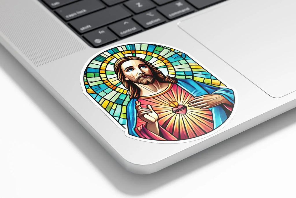 Sticker vinyle Jésus vitrail religieux | Autocollant chrétien résistant eau et UV | Découpe à la forme