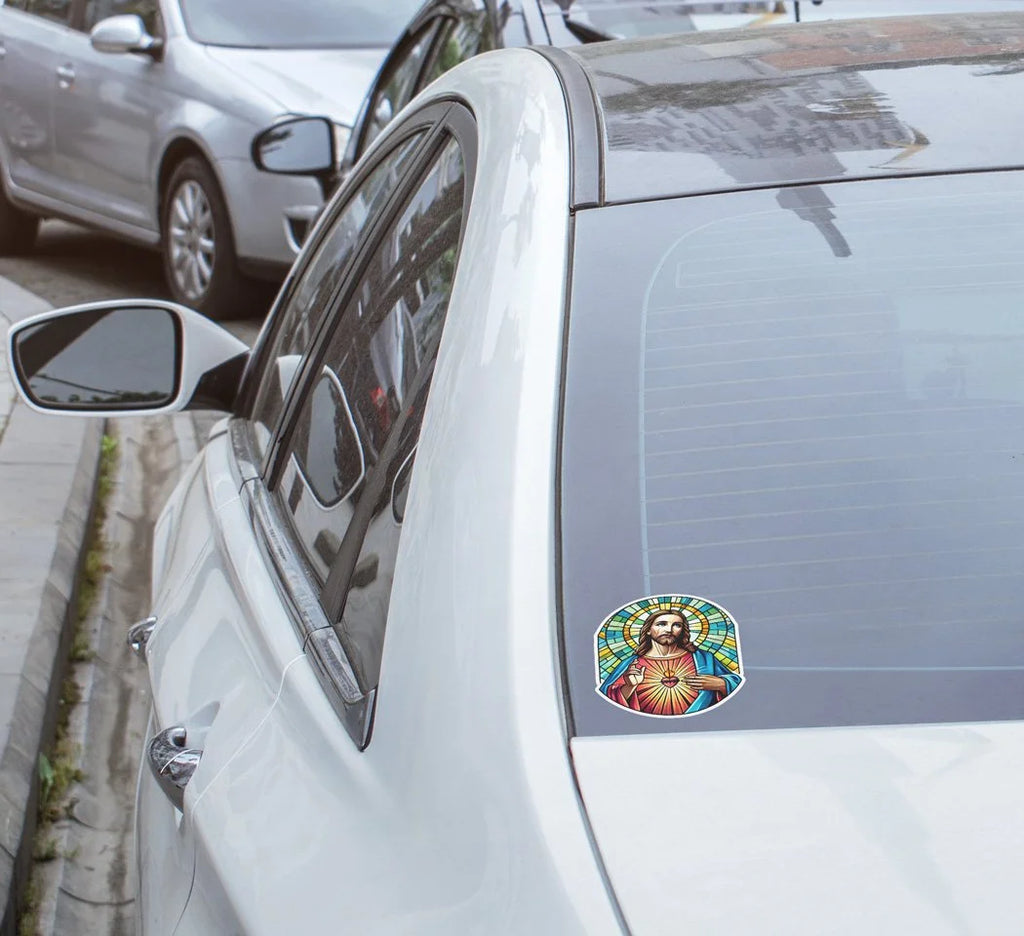 Sticker vinyle Jésus vitrail religieux | Autocollant chrétien résistant eau et UV | Découpe à la forme