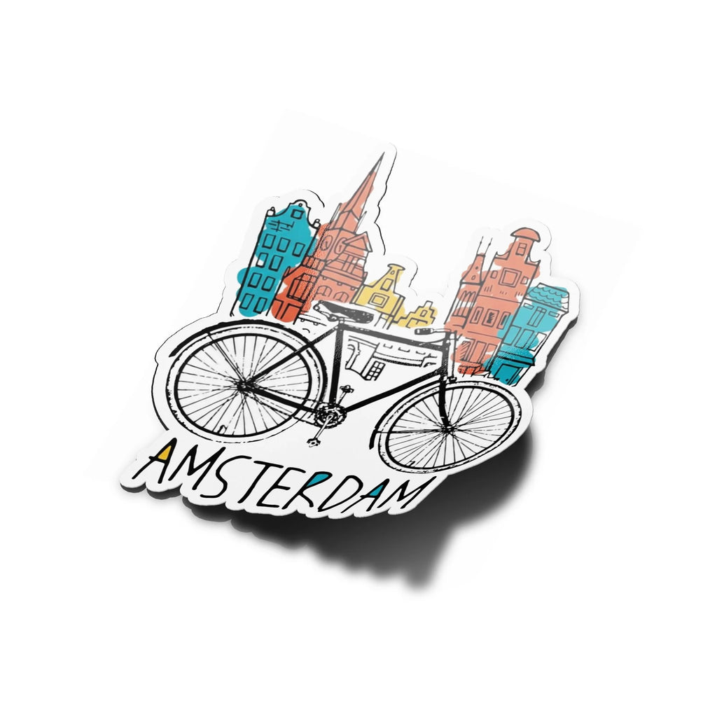 Sticker Vinyle "Amsterdam" – Illustration Vélo & Architecture