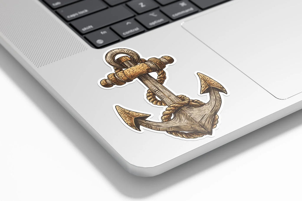 Sticker ancre vintage en bois – Autocollant marin style pirate en vinyle résistant eau & UV – Mer, bateau, océan