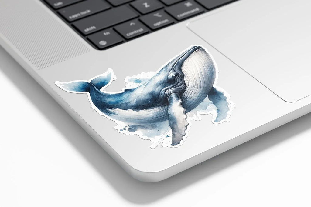 Sticker Vinyle Baleine Bleue en Aquarelle – Autocollant Découpé à la Forme, Résistant à l'Eau et aux UV