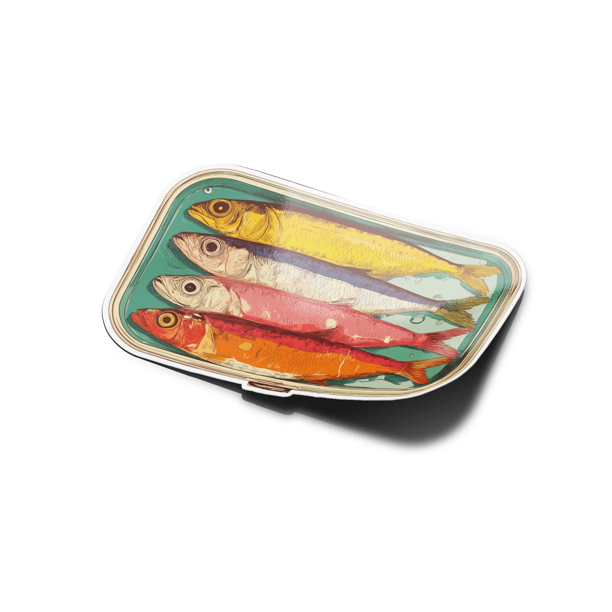 Sticker vinyle illustré – Boîte de sardines colorées rétro – Autocollant waterproof & UV – Pop art fun