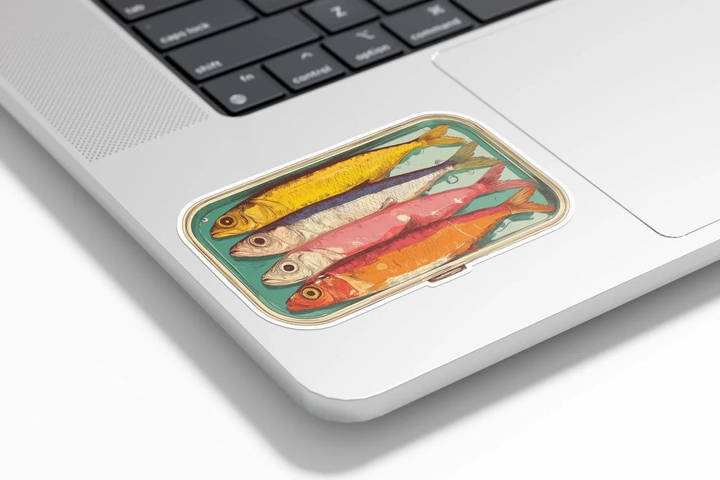 Sticker vinyle illustré – Boîte de sardines colorées rétro – Autocollant waterproof & UV – Pop art fun