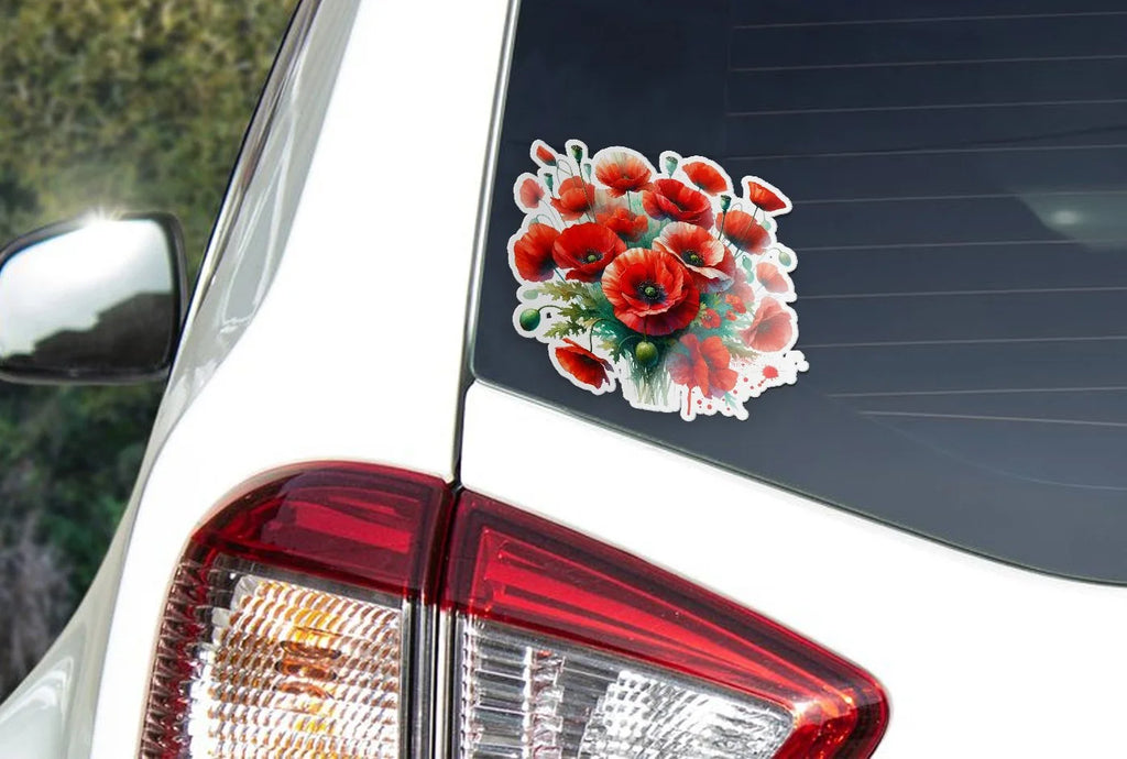 Sticker Vinyle Bouquet de Coquelicots - Autocollant Découpé à la Forme, Résistant à l'Eau et aux UV