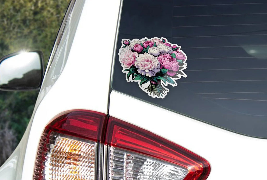 Sticker Vinyle Bouquet de Pivoines - Autocollant Découpé à la Forme, Résistant à l'Eau et aux UV