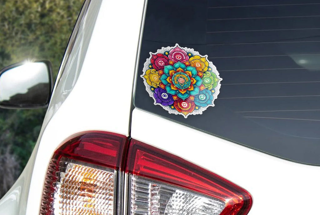 Sticker Vinyle Résistant Eau et UV - Mandala Chakra aux Couleurs Vives - Autocollant Découpé à la Forme