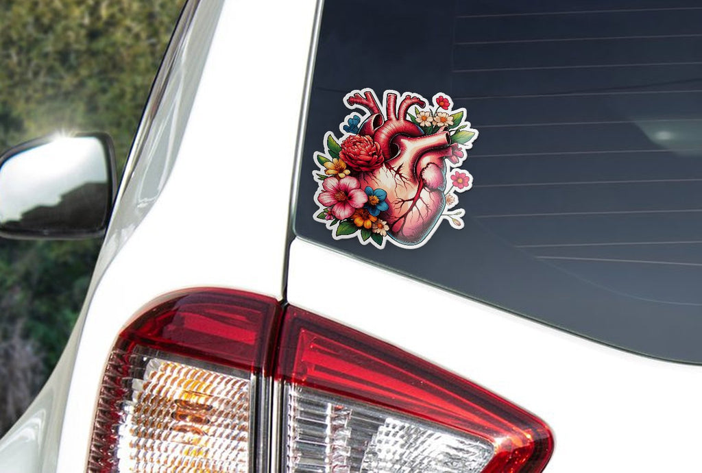 Sticker Vinyle Résistant Eau et UV - Cœur Anatomique avec Fleurs - Amour et Art Anatomique