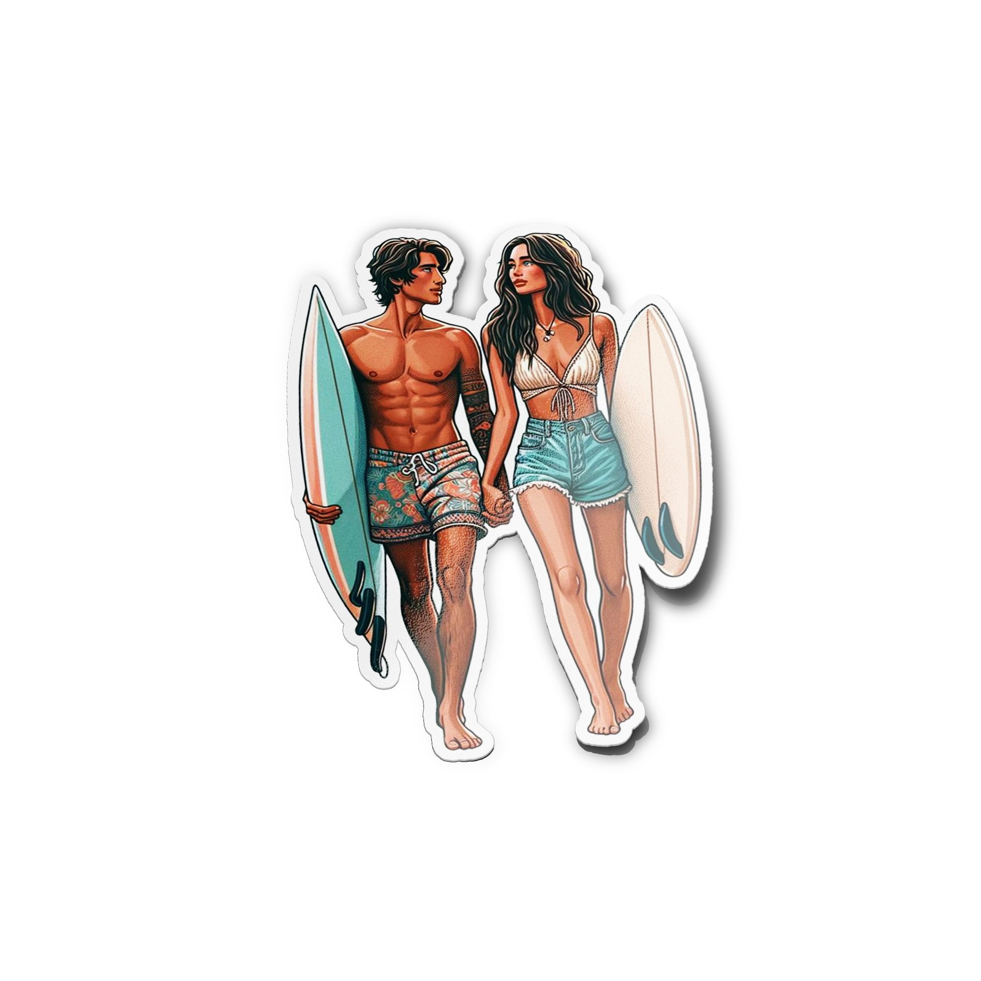 Stickers Couple Surfeurs Bohème Bruns - Vinyle Résistant Eau & UV, 8cm, Déco Surf Amour