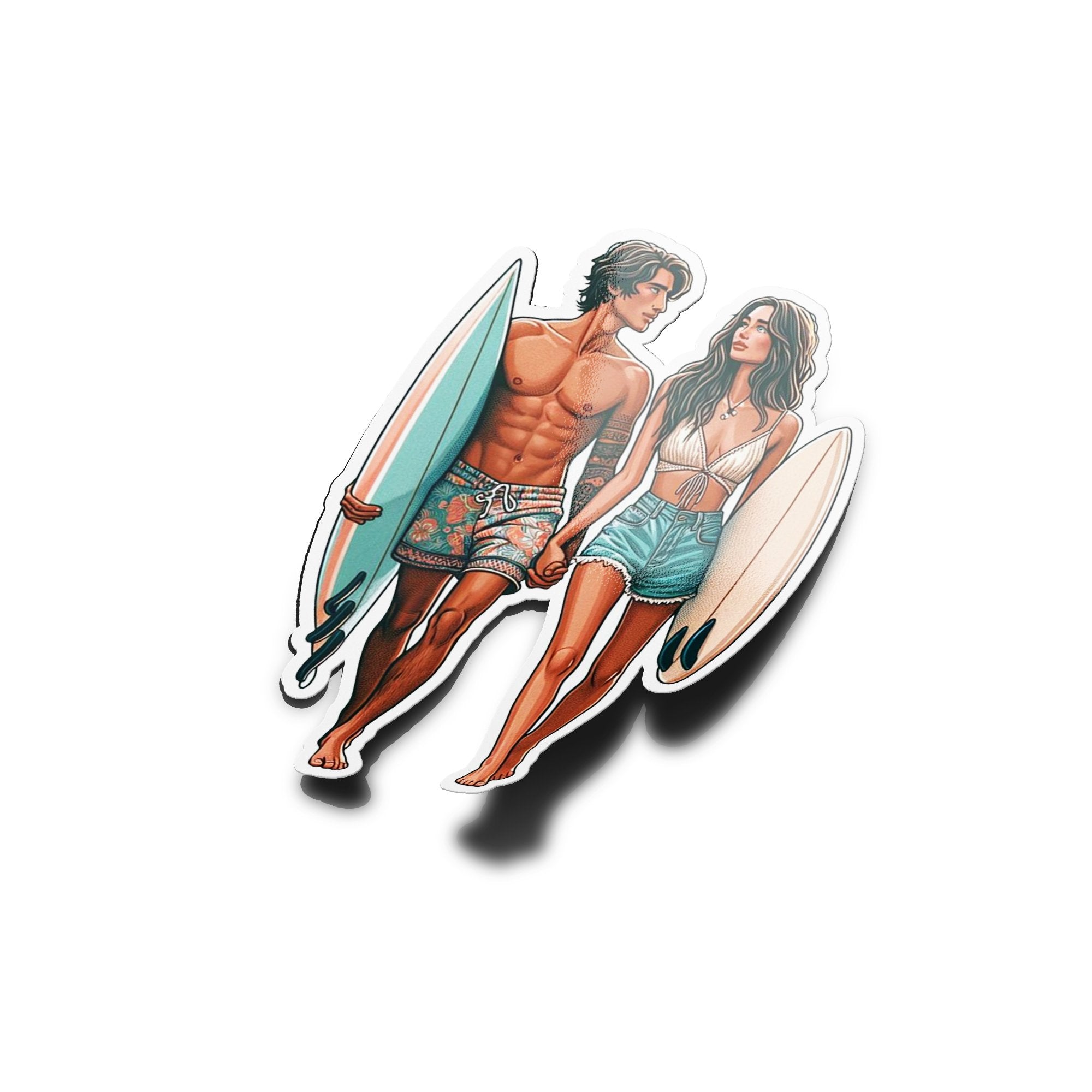 Stickers Couple Surfeurs Bohème Bruns - Vinyle Résistant Eau & UV, 8cm, Déco Surf Amour