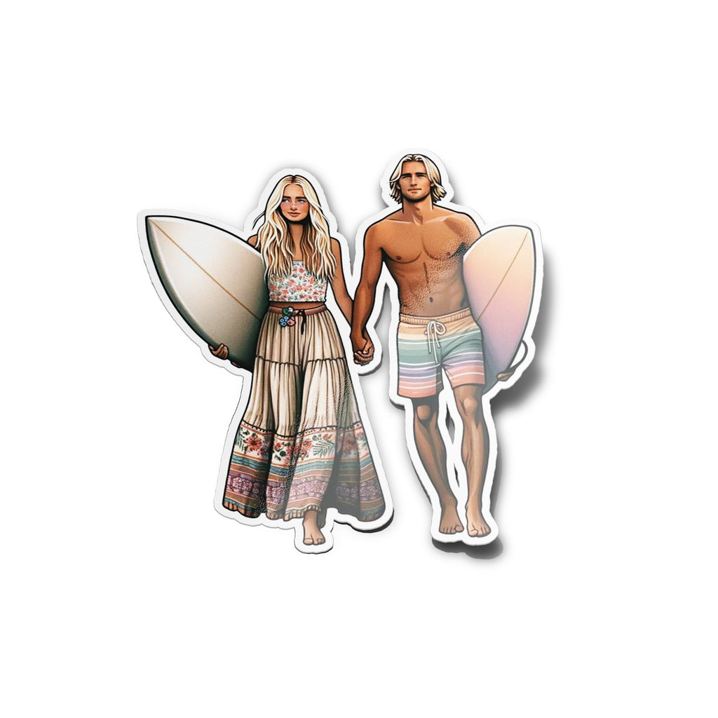 Autocollant Vinyle Couple Surfeur - Esprit Bohème, Résistant Eau/UV, Idée Déco Originale Surf
