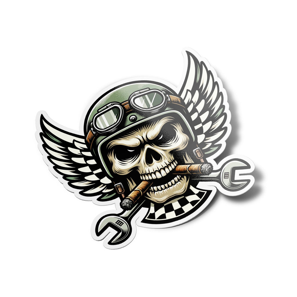 AUTOCOLLANTS STICKERS Crâne de Motard en Vinyle Design Biker avec Casque et Cigare décoration moto chopper 9cm