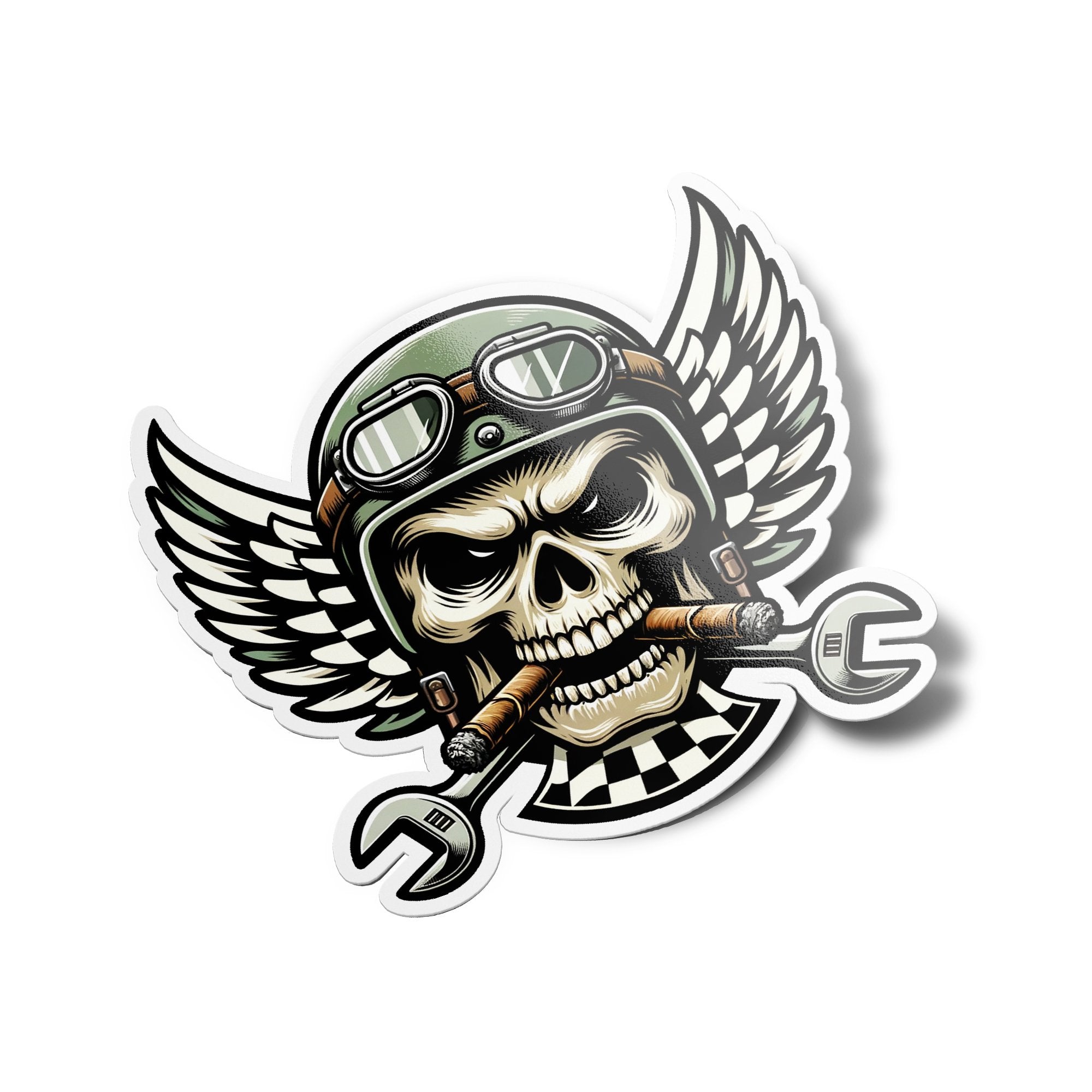 AUTOCOLLANTS STICKERS Crâne de Motard en Vinyle Design Biker avec Casque et Cigare décoration moto chopper 9cm