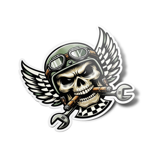 AUTOCOLLANTS STICKERS Crâne de Motard en Vinyle Design Biker avec Casque et Cigare décoration moto chopper 9cm