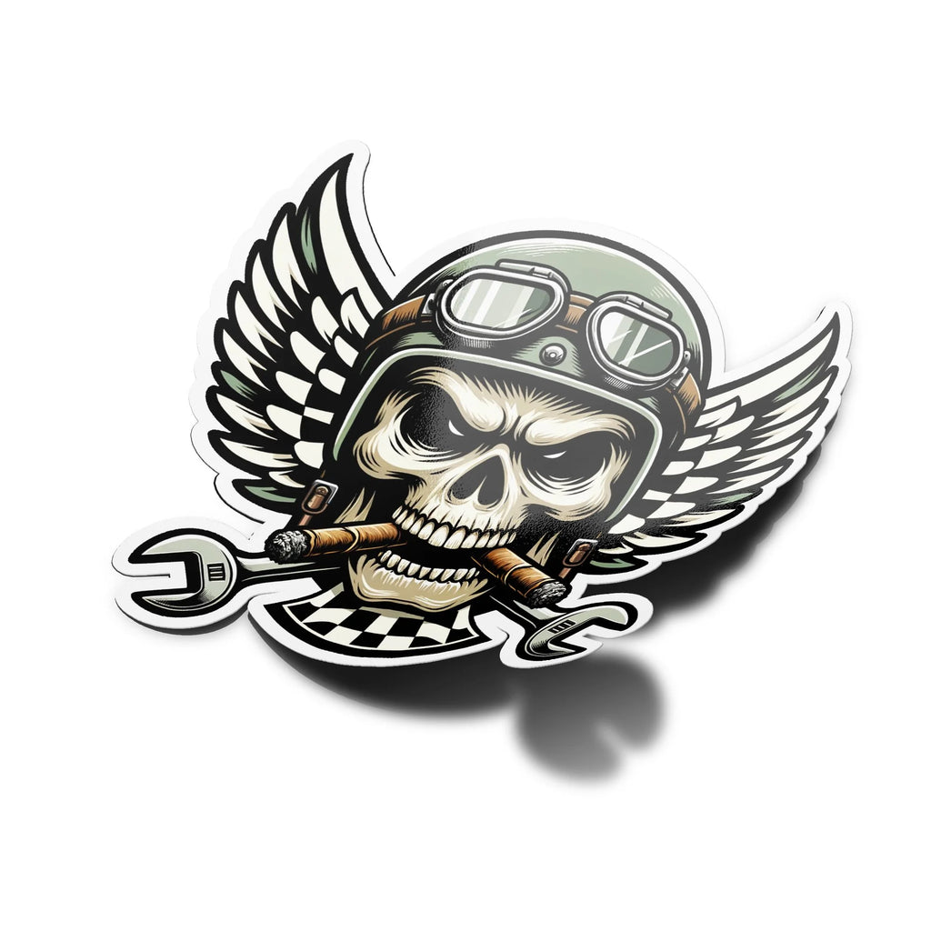 AUTOCOLLANTS STICKERS Crâne de Motard en Vinyle Design Biker avec Casque et Cigare décoration moto chopper 9cm