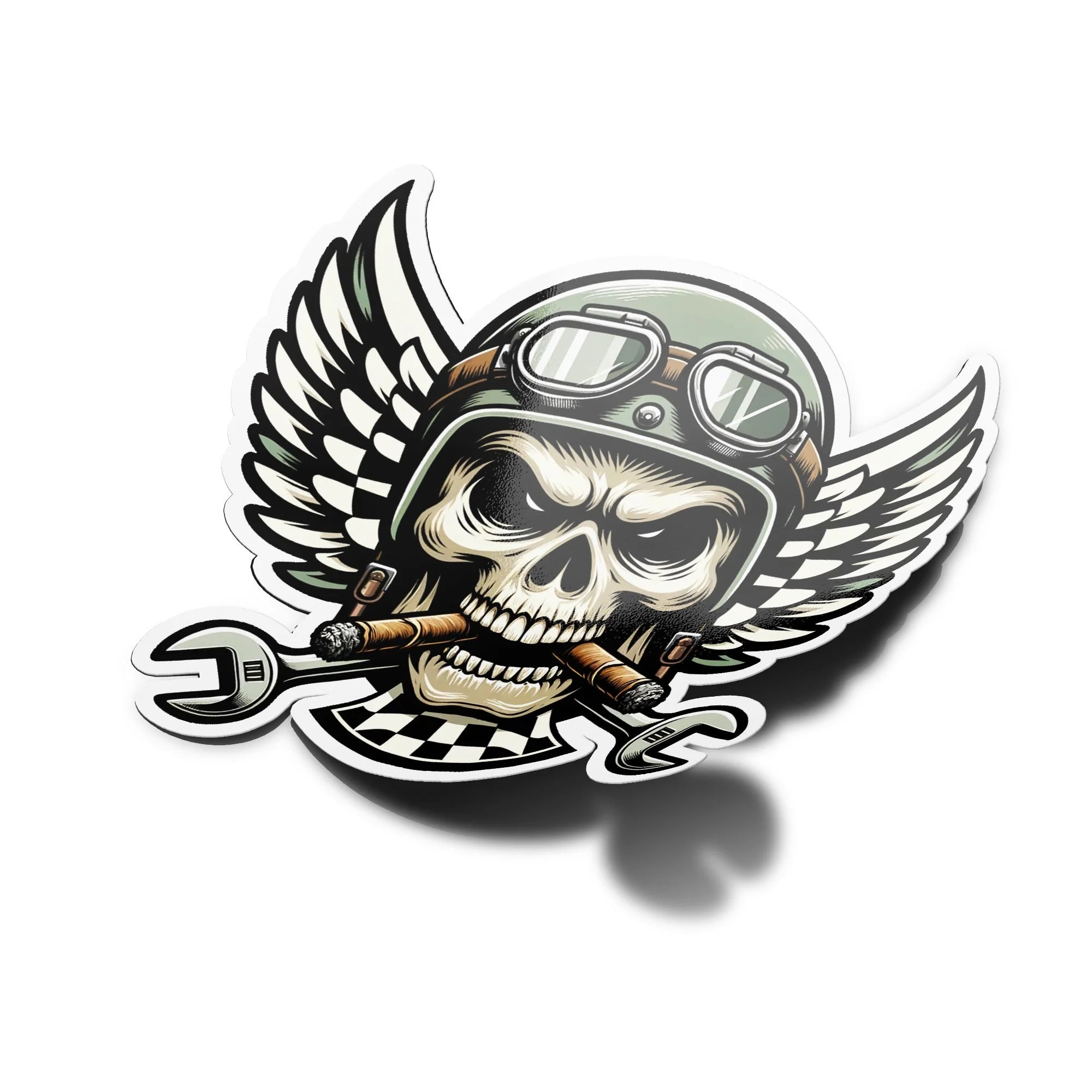 AUTOCOLLANTS STICKERS Crâne de Motard en Vinyle Design Biker avec Casque et Cigare décoration moto chopper 9cm