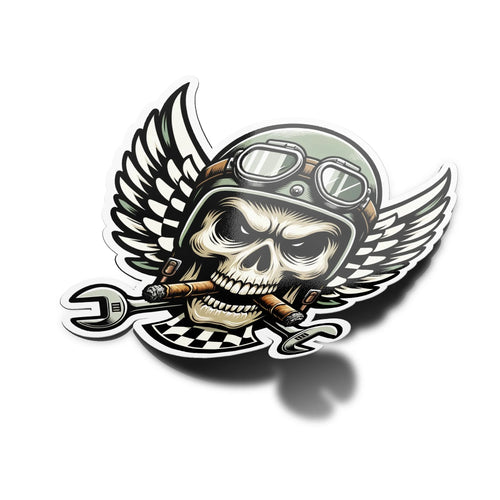 AUTOCOLLANTS STICKERS Crâne de Motard en Vinyle Design Biker avec Casque et Cigare décoration moto chopper 9cm
