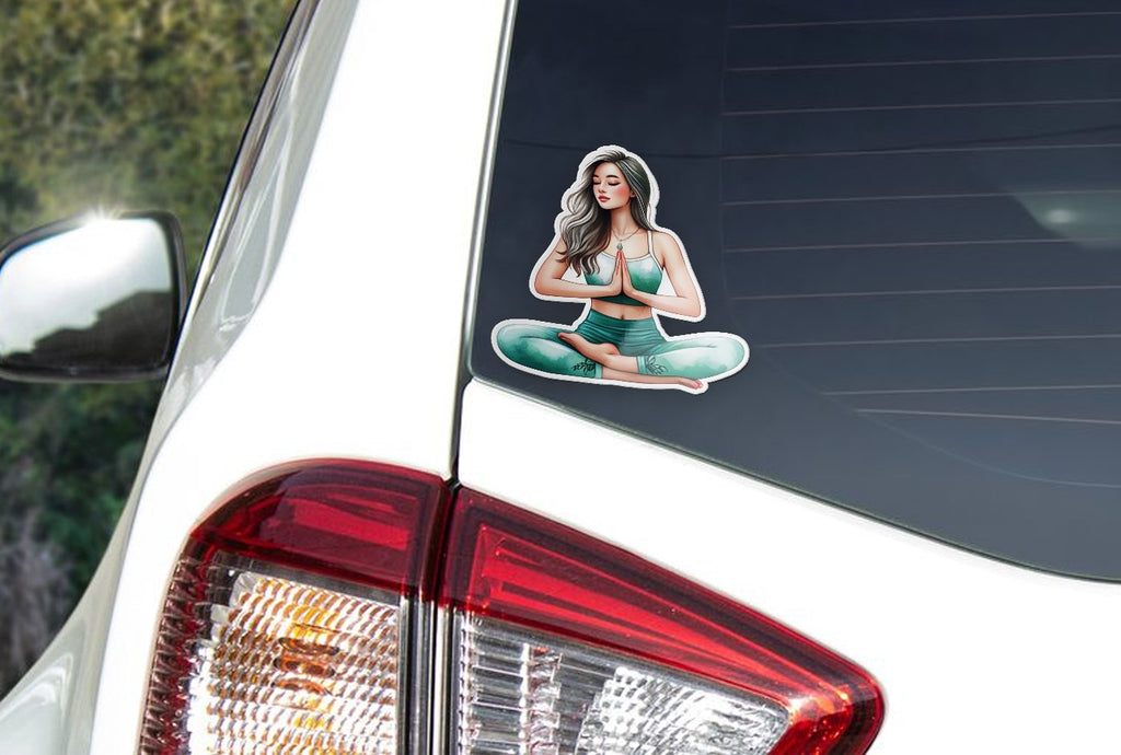 Sticker Vinyle Yoga Femme Brune en Position Lotus - Résistant à l'Eau et aux UV