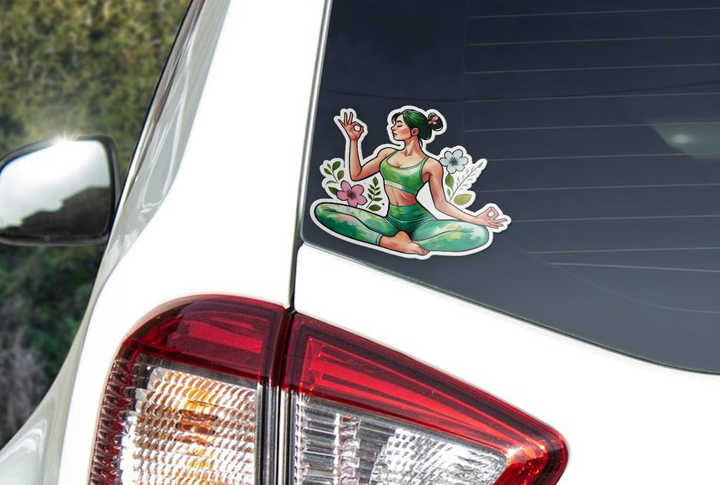 Sticker Vinyle Yoga Zen - Autocollant Femme Lotus avec Fleurs - Résistant Eau et UV de Haute Qualité