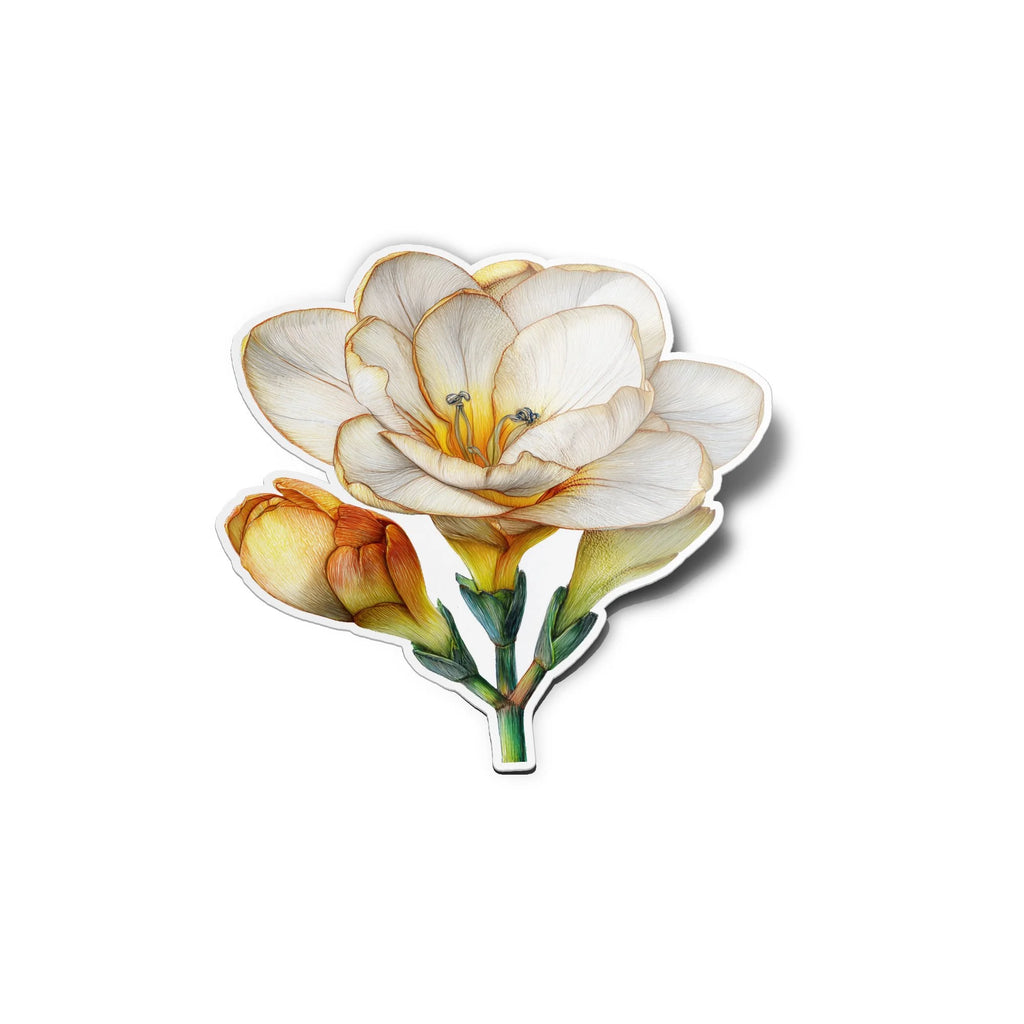 Sticker vinyle fleur de freesia beige doré – autocollant botanique résistant eau et UV, décoration plante et fleur