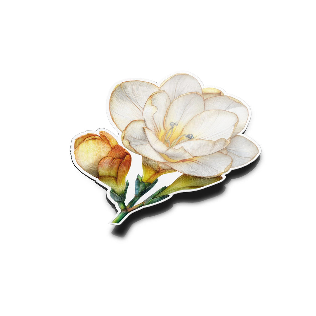 Sticker vinyle fleur de freesia beige doré – autocollant botanique résistant eau et UV, décoration plante et fleur