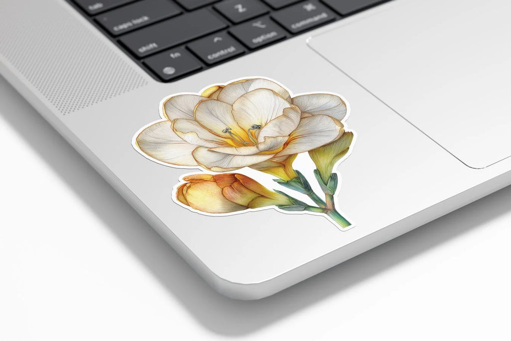 Sticker vinyle fleur de freesia beige doré – autocollant botanique résistant eau et UV, décoration plante et fleur