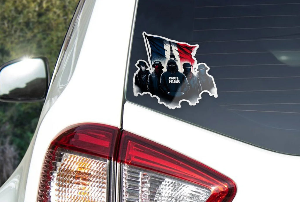 Sticker Vinyle PARIS FANS - Supporters Ultras PSG avec Drapeau France et Tour Eiffel - Résistant Eau & UV