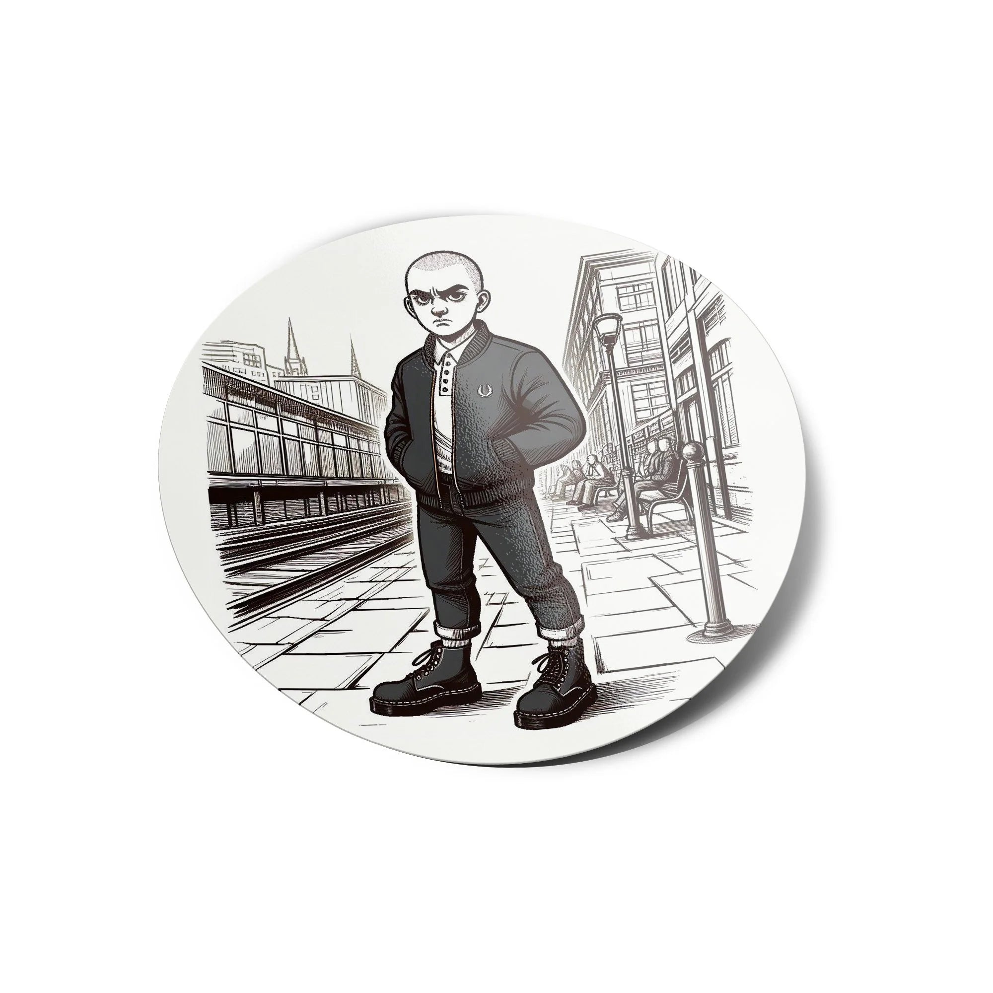 Sticker Vinyle Skinhead Casual Bombers & Docks dans la rue Rond – Résistant eau et UV