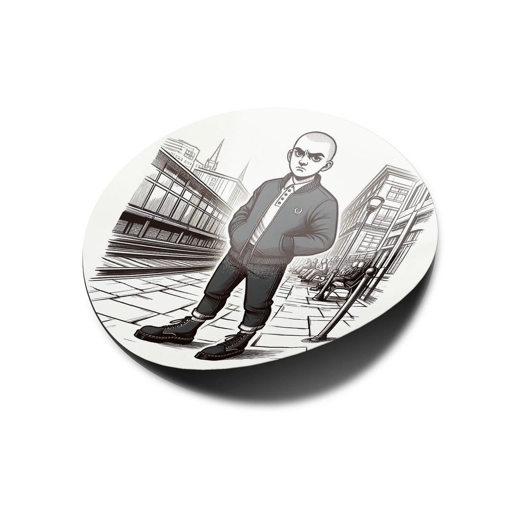 Sticker Vinyle Skinhead Casual Bombers & Docks dans la rue Rond – Résistant eau et UV