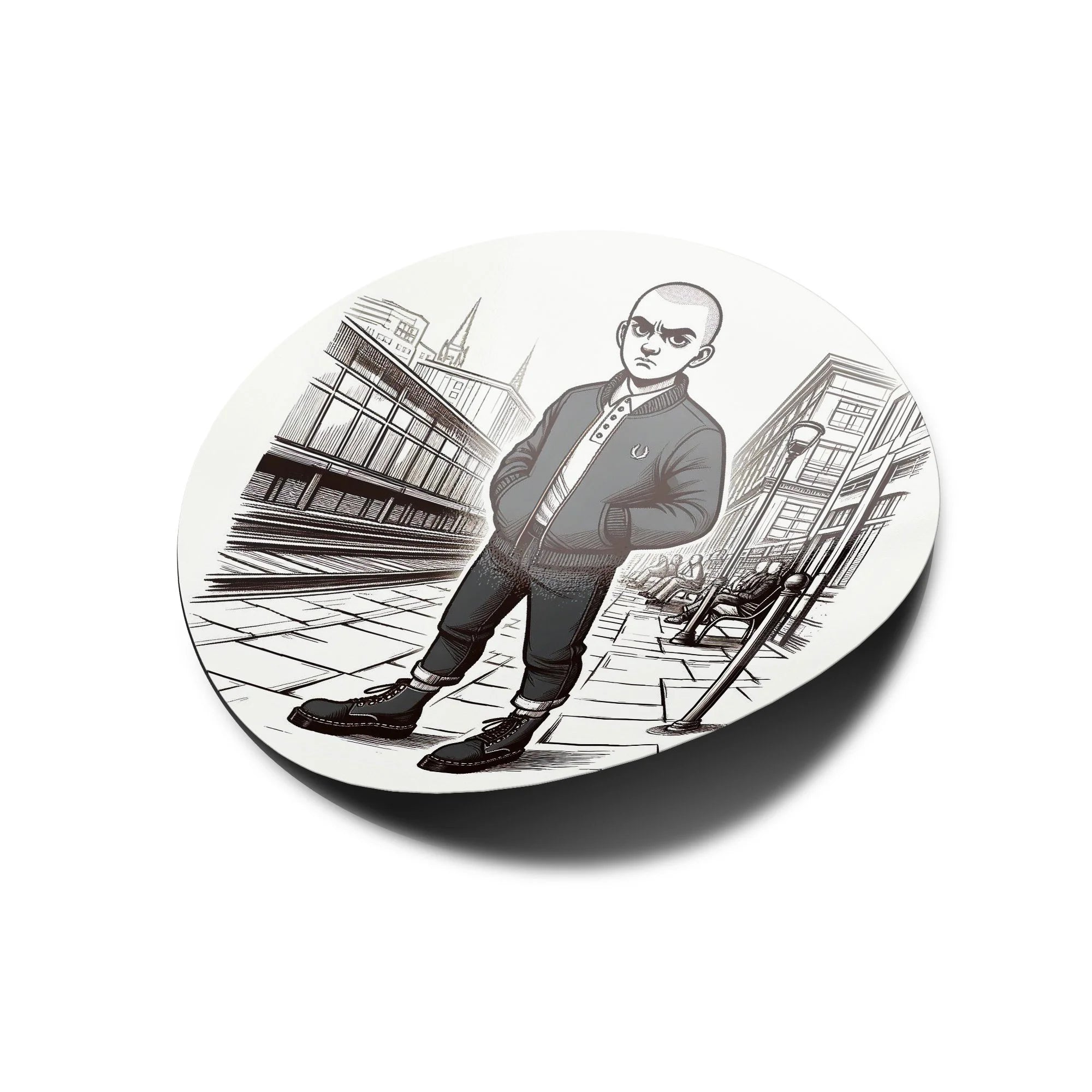 Sticker Vinyle Skinhead Casual Bombers & Docks dans la rue Rond – Résistant eau et UV