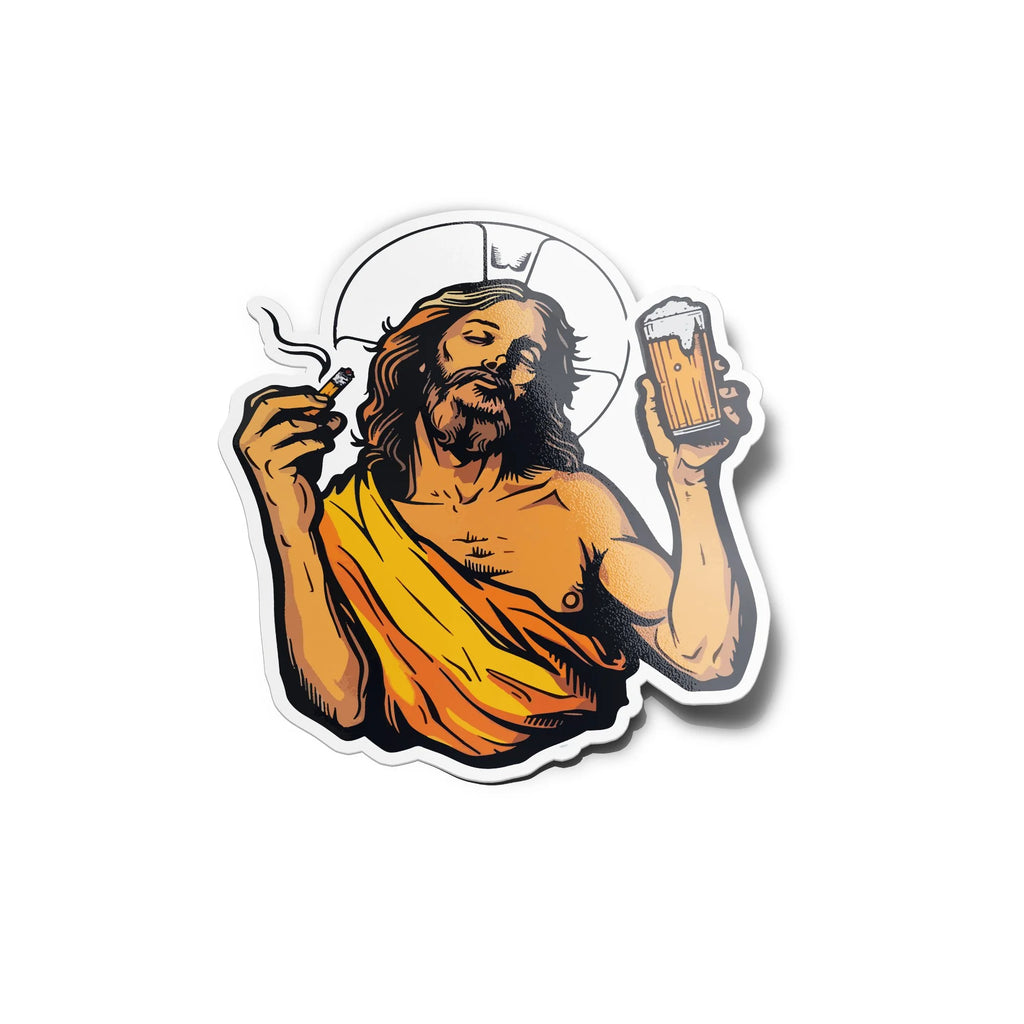 Sticker Vinyle Humour Jésus - Jésus Fume et Boit Bière - Autocollant Résistant Eau et UV, Fun et Original