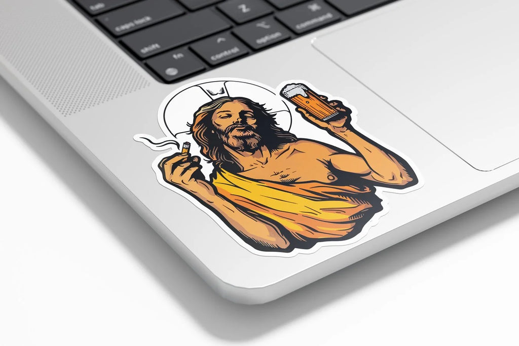 Sticker Vinyle Humour Jésus - Jésus Fume et Boit Bière - Autocollant Résistant Eau et UV, Fun et Original