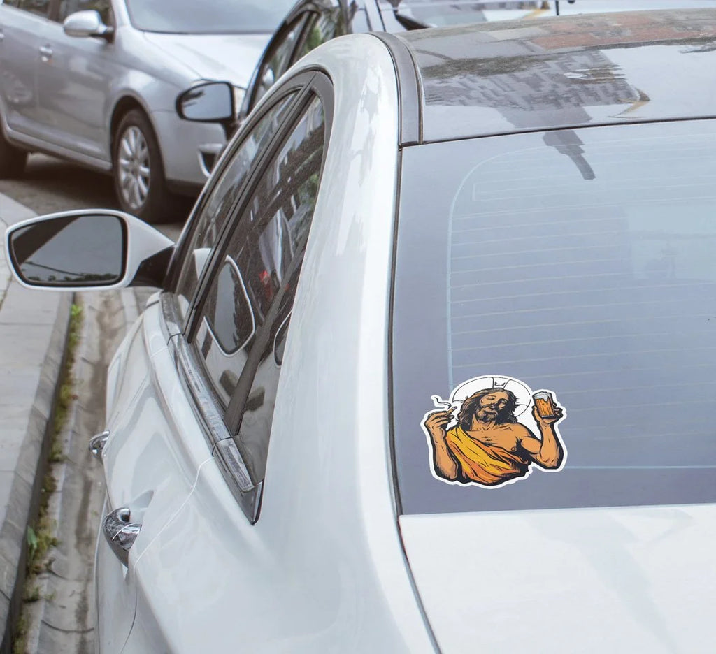 Sticker Vinyle Humour Jésus - Jésus Fume et Boit Bière - Autocollant Résistant Eau et UV, Fun et Original