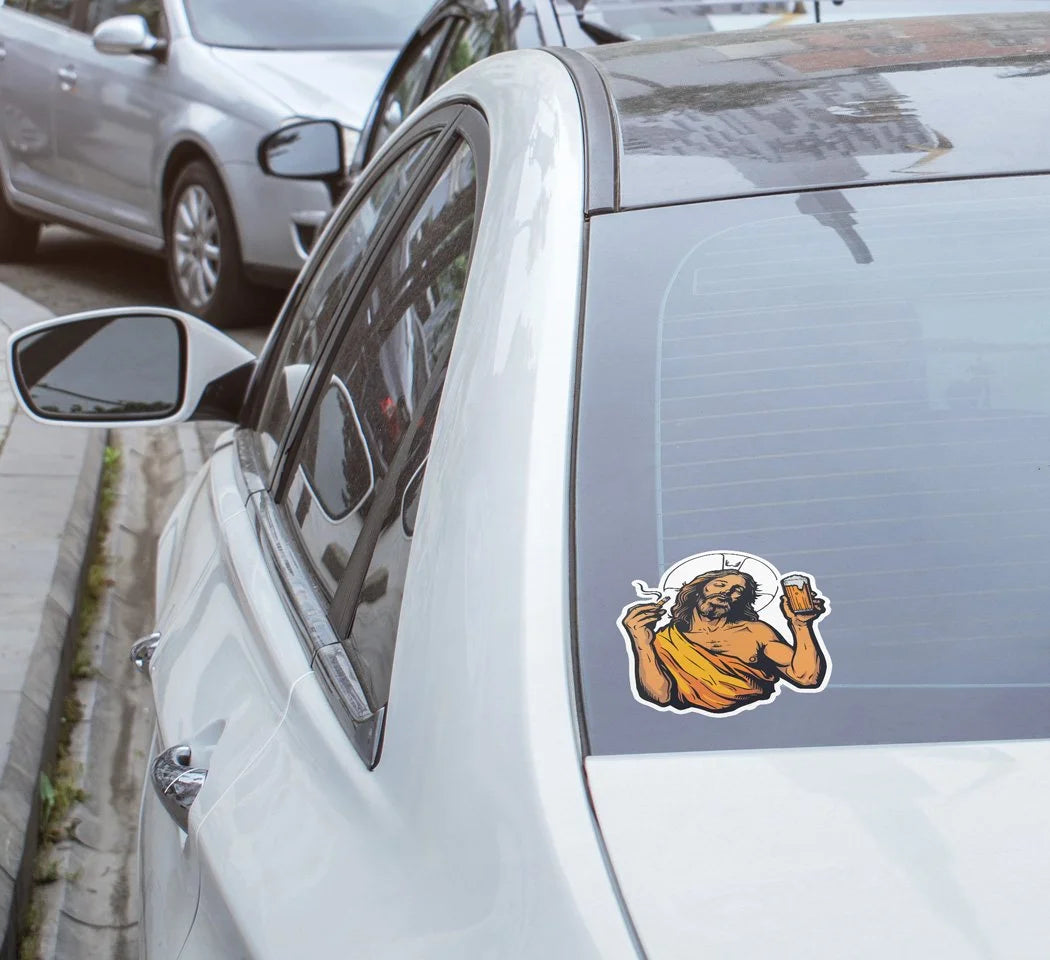 Sticker Vinyle Humour Jésus - Jésus Fume et Boit Bière - Autocollant Résistant Eau et UV, Fun et Original