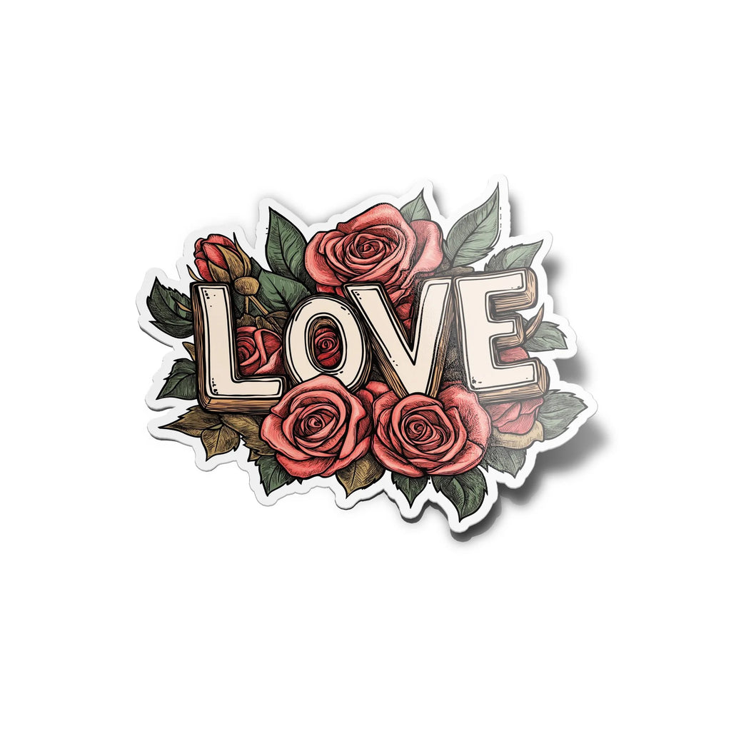 Sticker Vinyle LOVE avec Roses Vintage – Autocollant Illustration Fleurs – Résistant Eau et UV