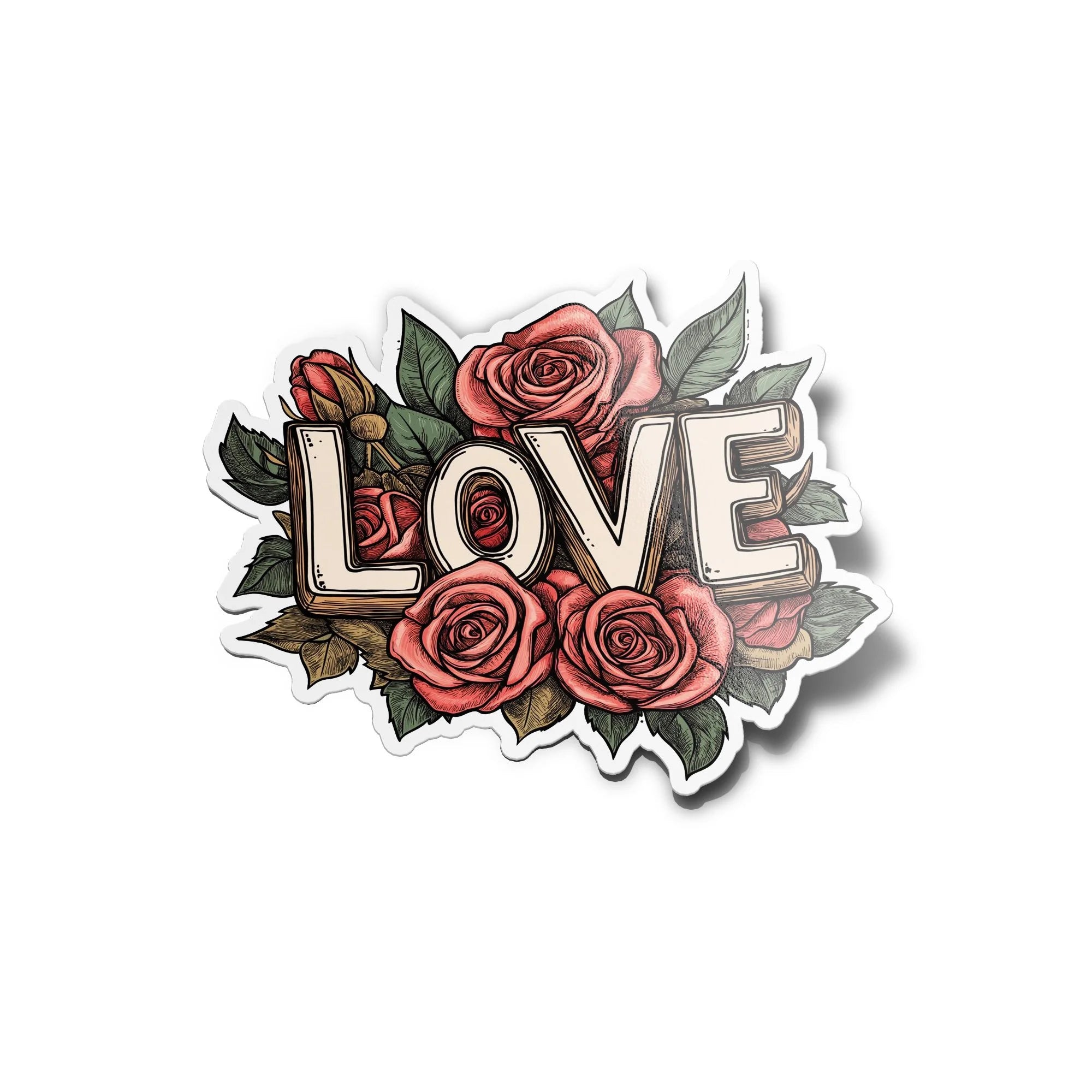 Sticker Vinyle LOVE avec Roses Vintage – Autocollant Illustration Fleurs – Résistant Eau et UV