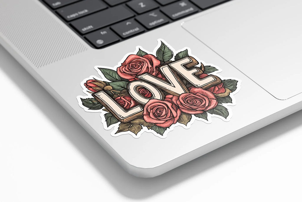 Sticker Vinyle LOVE avec Roses Vintage – Autocollant Illustration Fleurs – Résistant Eau et UV