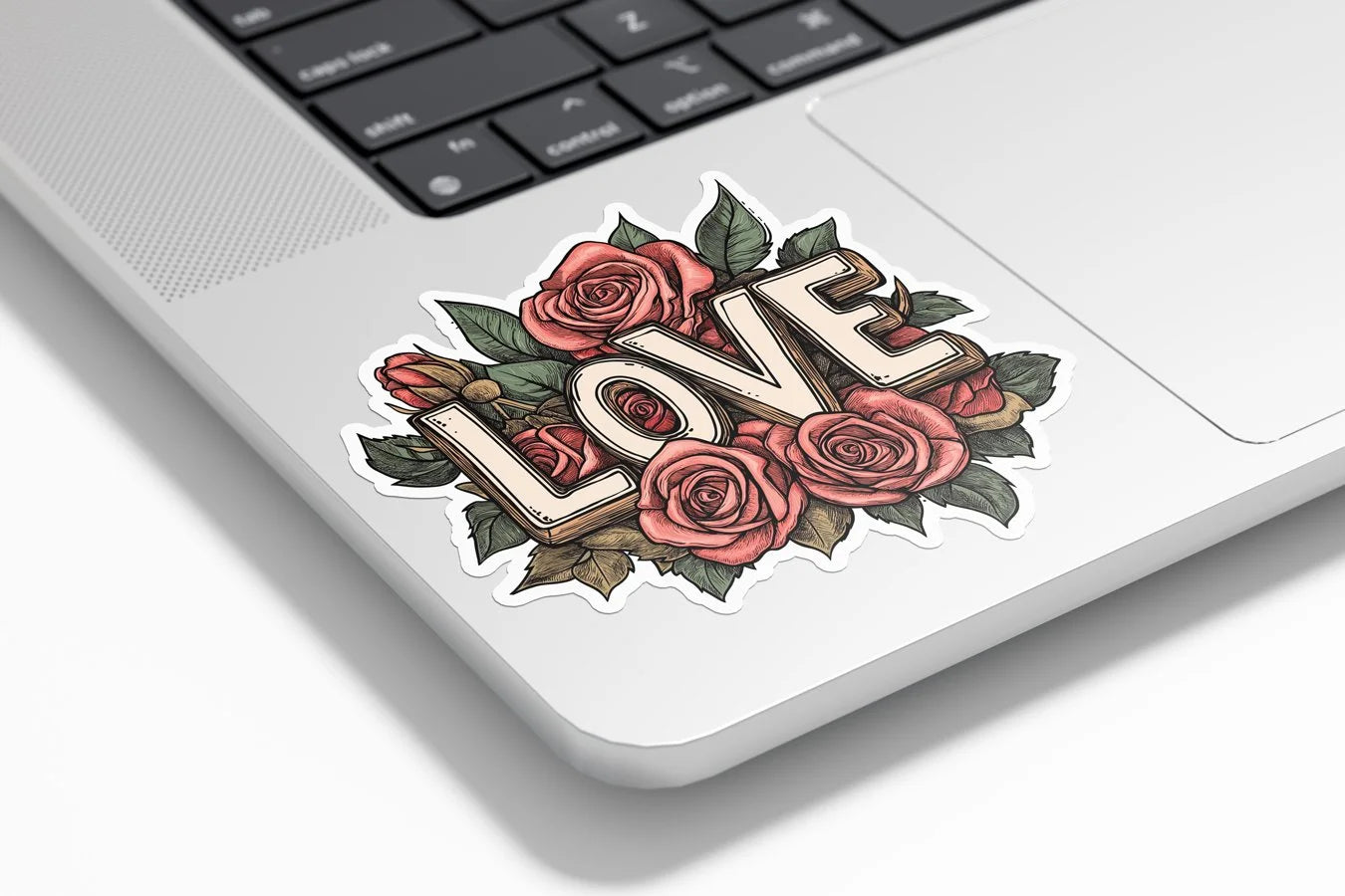 Sticker Vinyle LOVE avec Roses Vintage – Autocollant Illustration Fleurs – Résistant Eau et UV