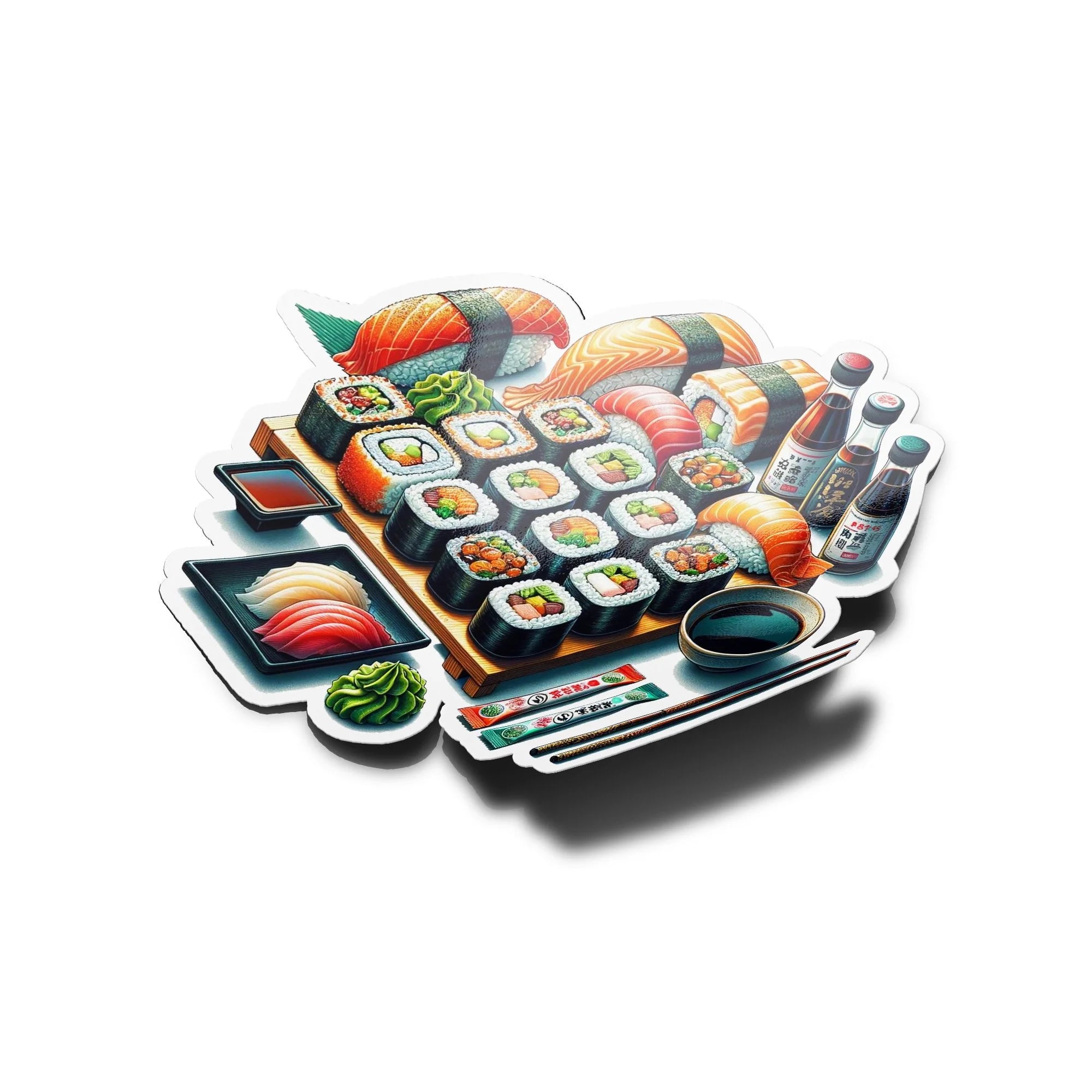Sticker Sushi California - Ensemble Gourmet avec Baguettes, Wasabi & Sauce Soja, Illustration Artistique, Vinyle Haute Q